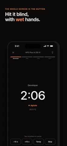 The daylight skin of the same run, reading 2:06 at 20.0 degrees Celsius, with minus fifteen and plus fifteen second buttons along the bottom.
