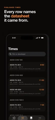 The searchable list of published times, with the developer, the dilution, the temperature and the datasheet named under each row.